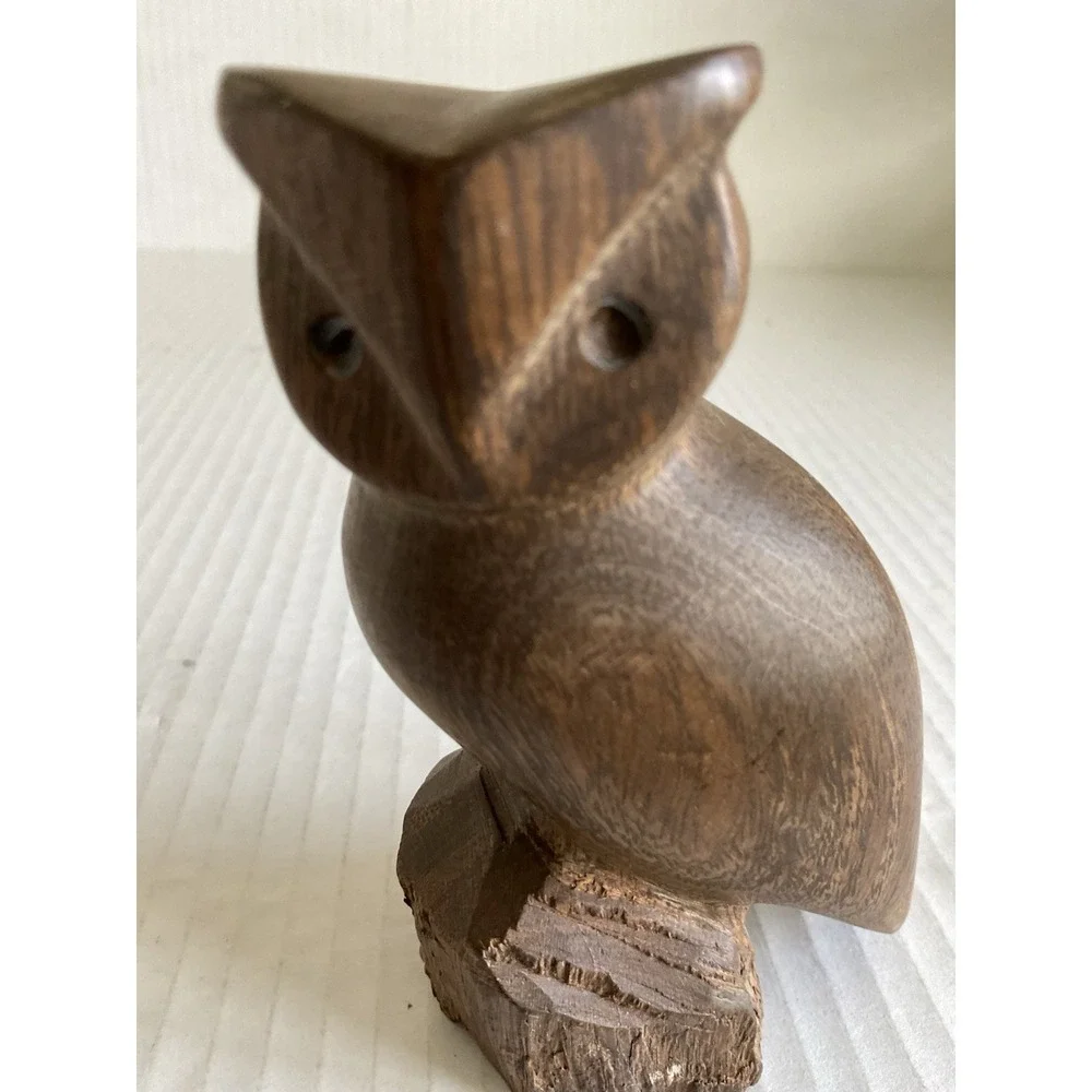 Hand Carved Owl Figurine Unmarked One Of A Kind Wood Detailed Decor